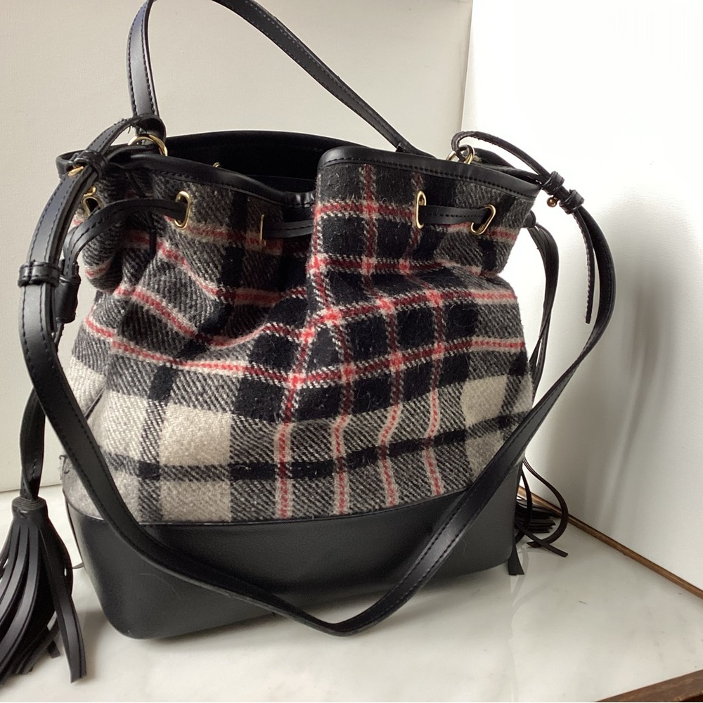 Indigo plaid & faux leather purse